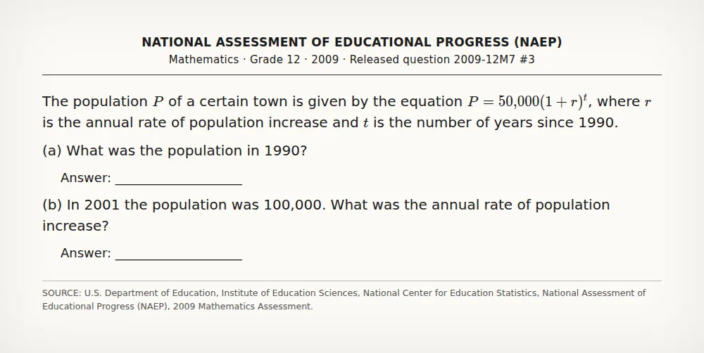 Question uploaded to PhotoExamAI: exponential growth (NAEP 2009 Mathematics, grade 12, question 2009-12M7 #3)